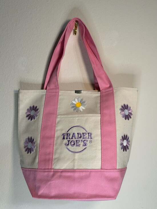 Trader Joe's Handbags - Trader Joe's Mini Pastel Pink Canvas Tote Bag with Embroidered Daisy and Purple